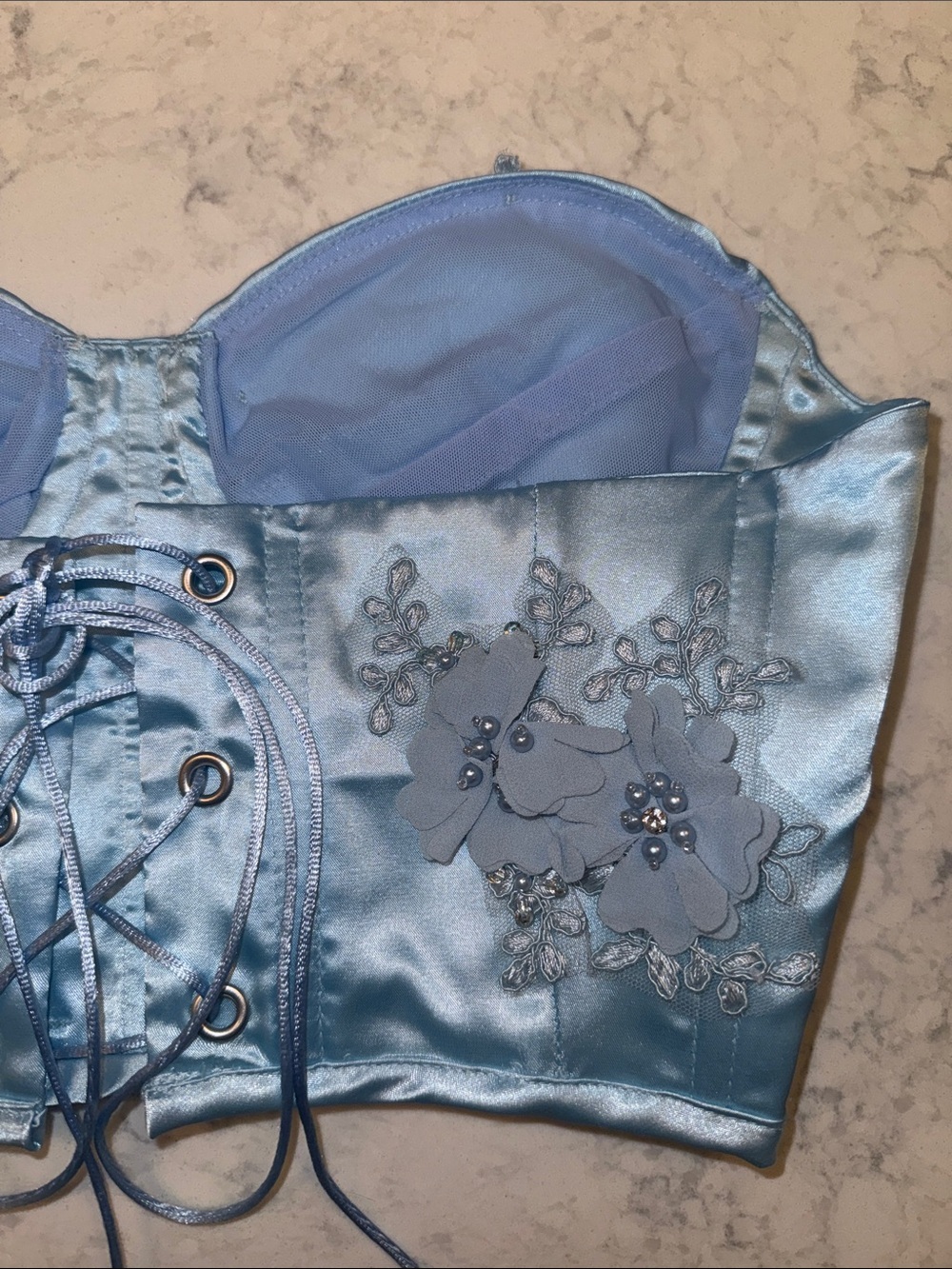 Satin Floral Appliqué Bustier Top in Light Blue Sparkl Fairy Couture - Picture 2 of 9